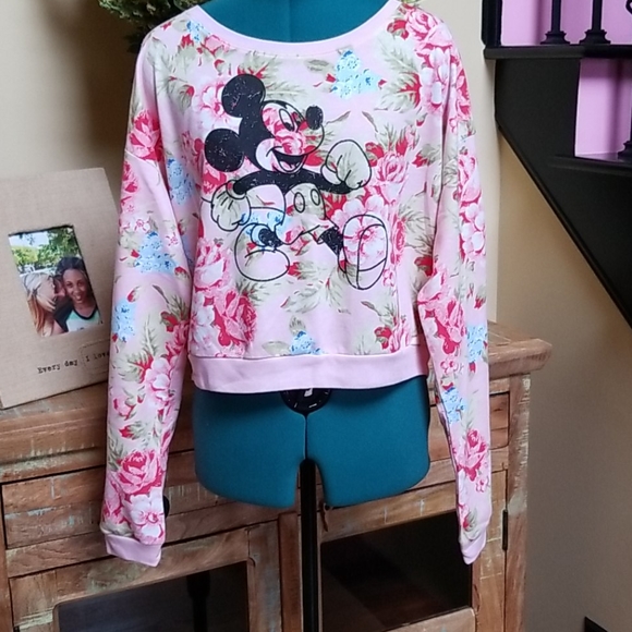 Disney Tops - New Disney Floral Mickey Crop Sweatshirt - SZ XL